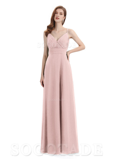 Chiffon V-Neck Spaghetti Strap Floor-Length Side Fork Long Bridesmaid Dresses Formal Women's Dresses Wedding Guests Dresses