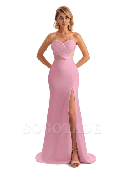Sexy Sweetheart Strapless Side Slit Mermaid Soft Satin Unique Long Bridesmaid Dress For Wedding
