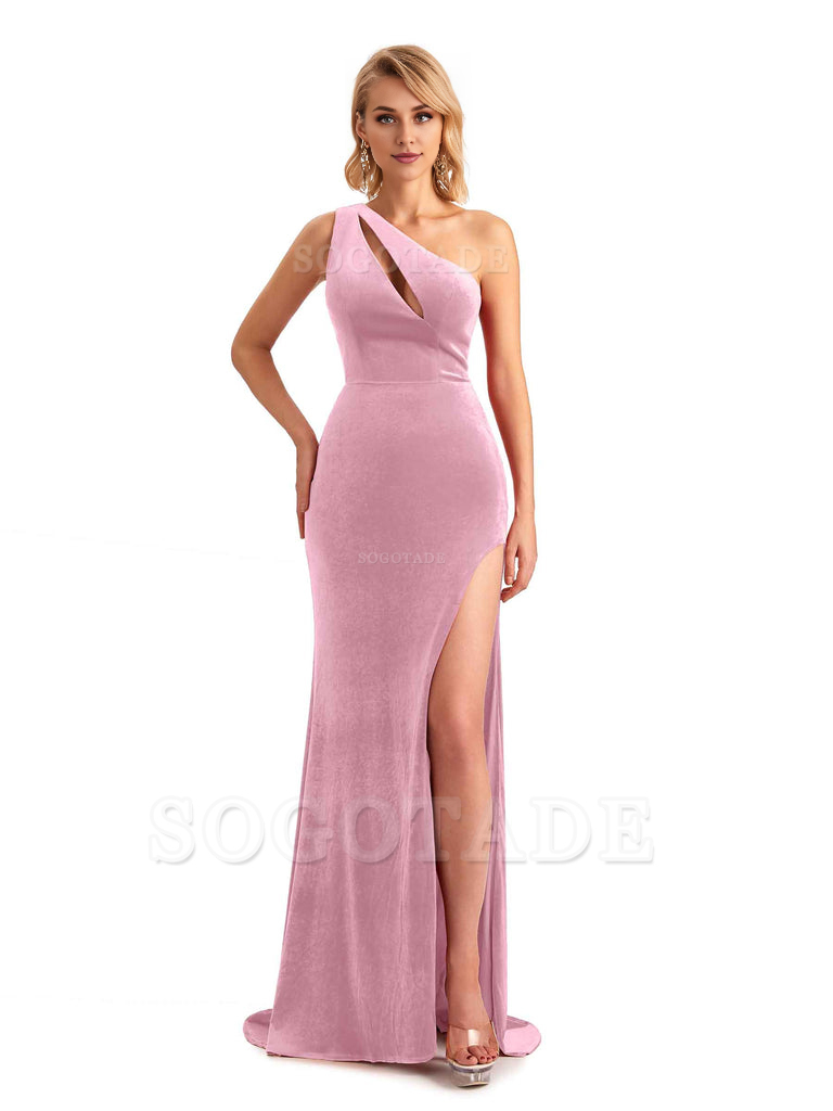 Sexy Sleeveless Floor Length Mermaid One Shoulder Side Slit Velvet Long Bridesmaid Dresses