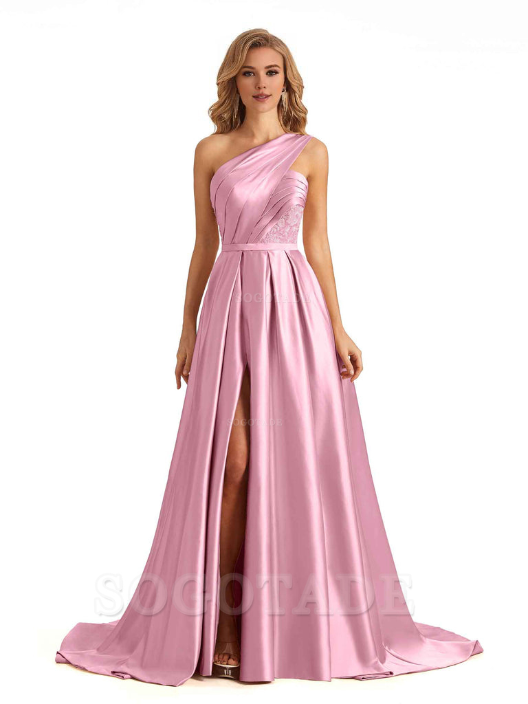 Sexy Side Slit One Shoulder A-Line Soft Satin Long Bridesmaid Dresses Online prom dress in store