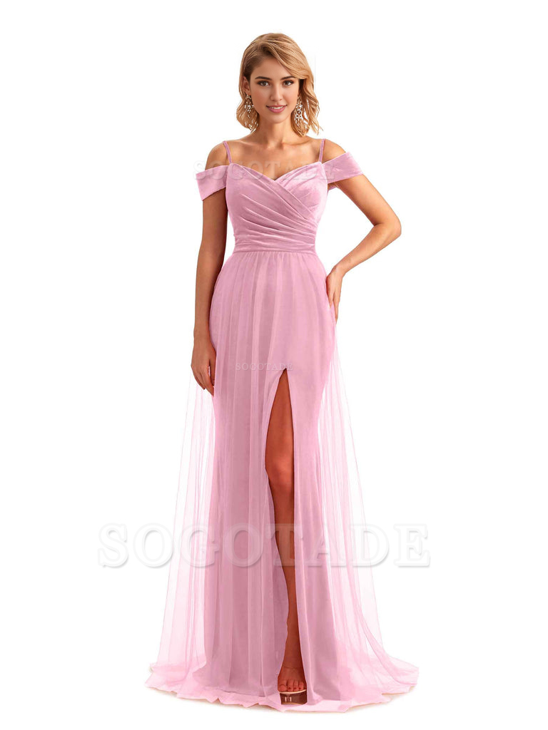 Elegant Mermaid Spaghetti Straps Floor Length Cold Shoulder Side Slit Tulle Velvet Long Bridesmaid Dresses