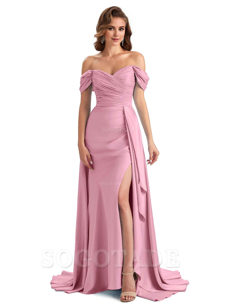 Sexy Side Slit Mermaid Soft Satin Off The Shoulder Long Unique Bridesmaid Dresses prom dress in store