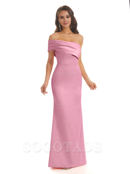 Soft Satin Sexy Side Slit One Shoulder Long Mermaid Bridesmaid Dresses Online prom dress in store