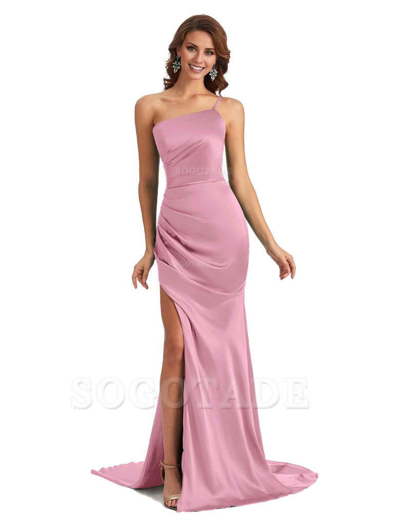 Sexy Silky Satin Side Slit One Shoulder Unique Long Wedding Guest Maxi Dresses