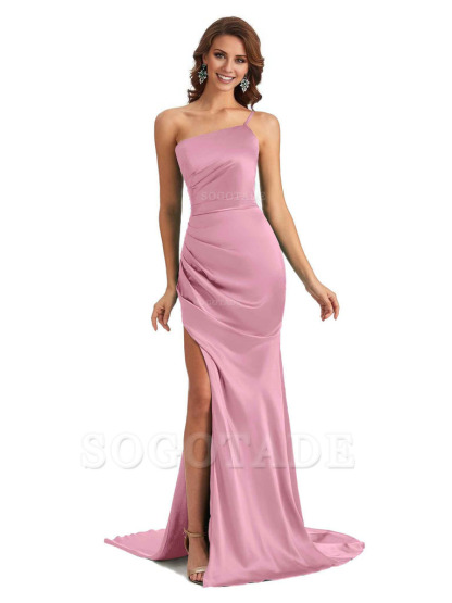 Sexy Silky Satin Side Slit One Shoulder Unique Long Wedding Guest Maxi Dresses