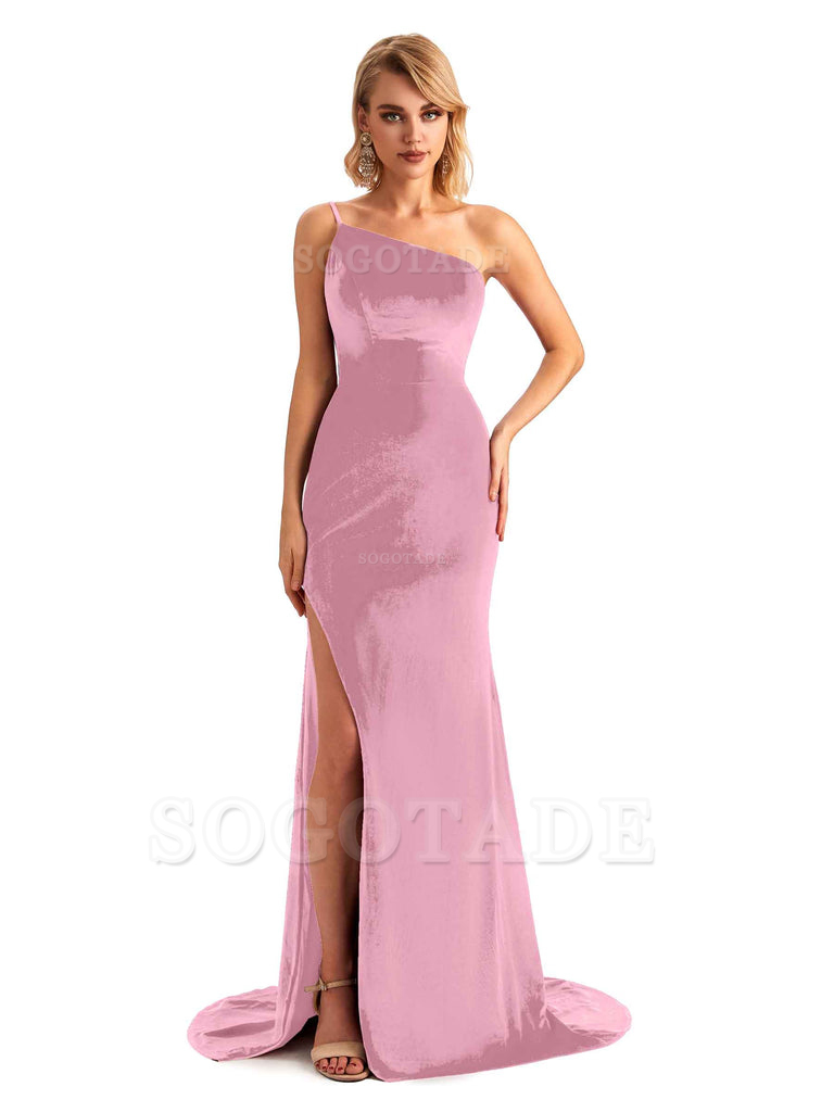 Sexy Side Slit Mermaid Spaghetti Straps One Shoulder Formal Velvet Long Bridesmaid Dresses