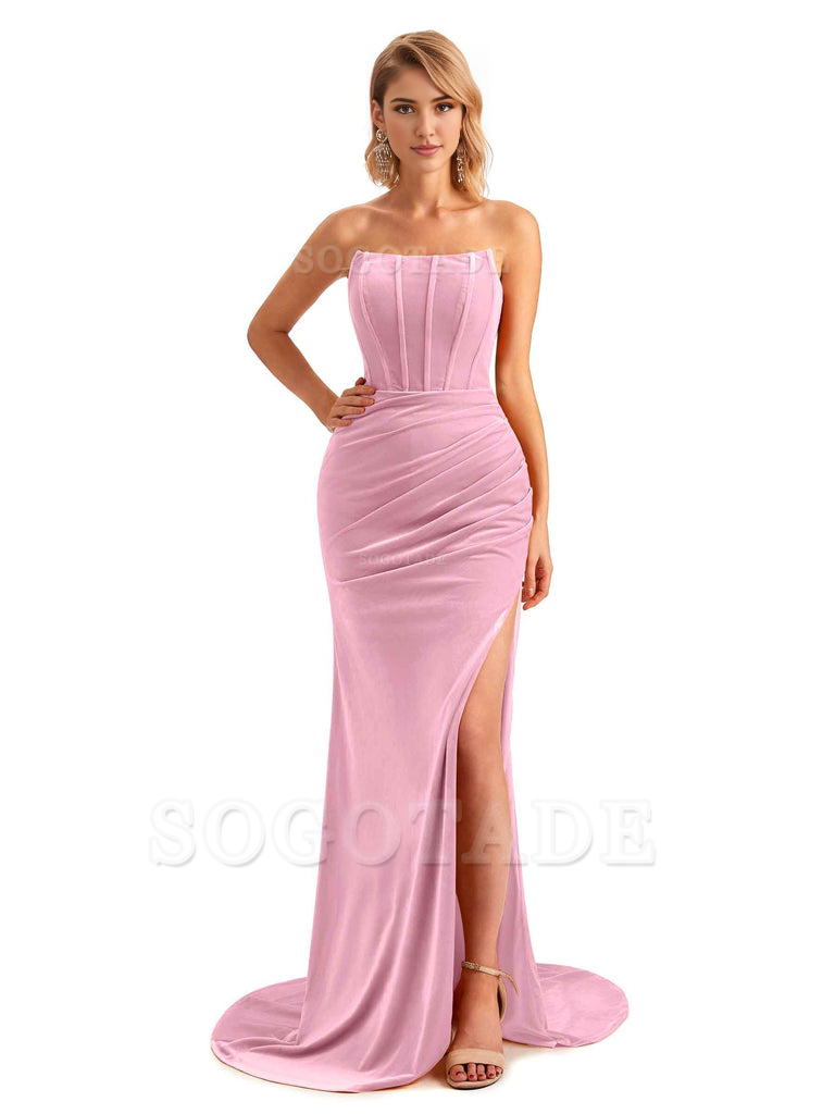  Sexy Side Hight Slit Sleeveless Mermaid Strapless Velvet Long Bridesmaid Dresses Online