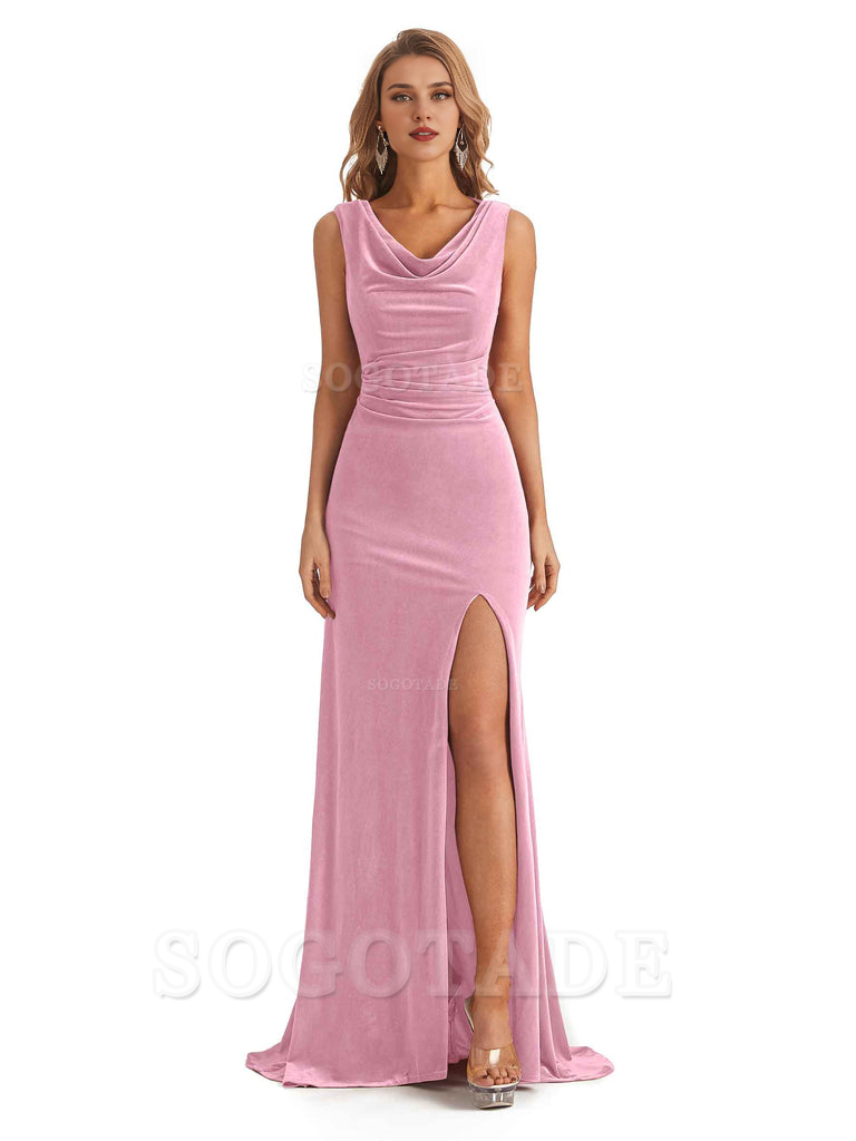 Sexy Mermaid Cowl Velvet Long Open Back Side Fork Bridesmaid Dresses Formal Wear Dresses