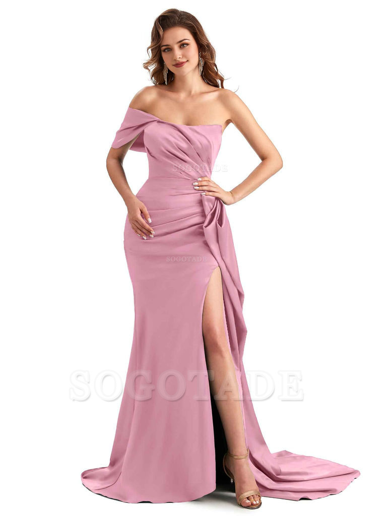 Sexy Side Slit Mermaid Silky Satin One Shoulder Chic Long Maid Of Honor Dresses