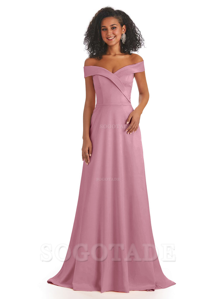 Soft Satin Off The Shoulder Long A-Line African Bridesmaid Dresses prom dress stores ﻿