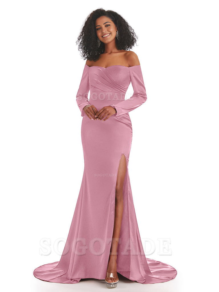 Mermaid Long Sleeve Satin formal dresses evening gown Bridesmaid Dresses With Side Slit 