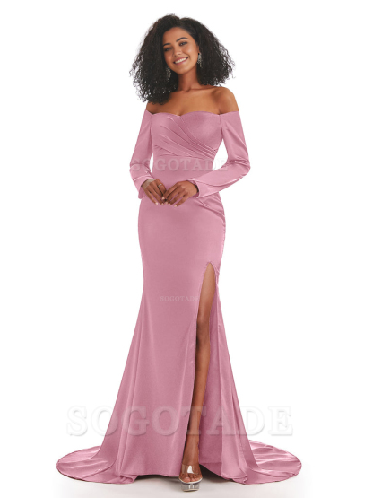 Mermaid Long Sleeve Satin formal dresses evening gown Bridesmaid Dresses With Side Slit 