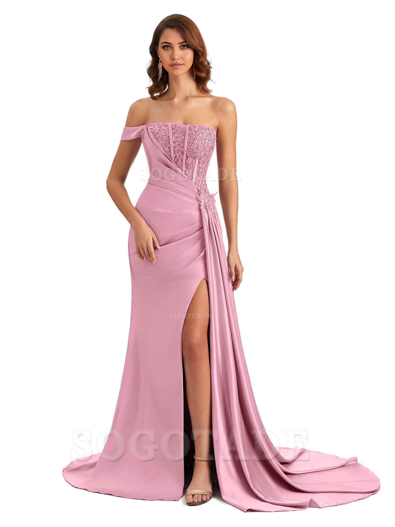 Mermaid Off Shoulder Applique formal dresses evening gown Bridesmaid Dresses With Side Slit 
