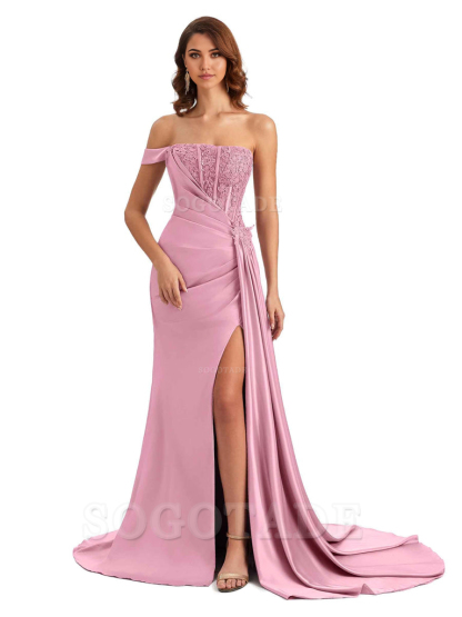 Mermaid Off Shoulder Applique formal dresses evening gown Bridesmaid Dresses With Side Slit 