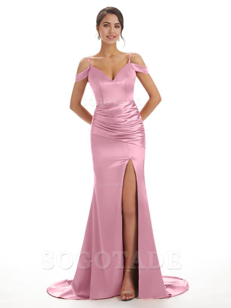 Mermaid Off The Shoulder Satin formal dresses evening gown Bridesmaid Dresses With Side Slit 
