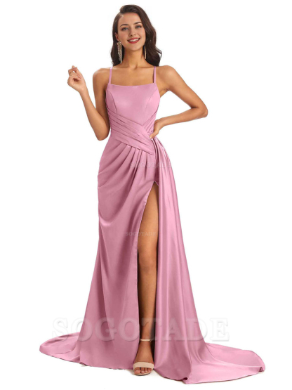 Sexy Soft Satin Side Slit Spaghetti Straps Long Maxi Bridesmaid Dresses prom shop dresses