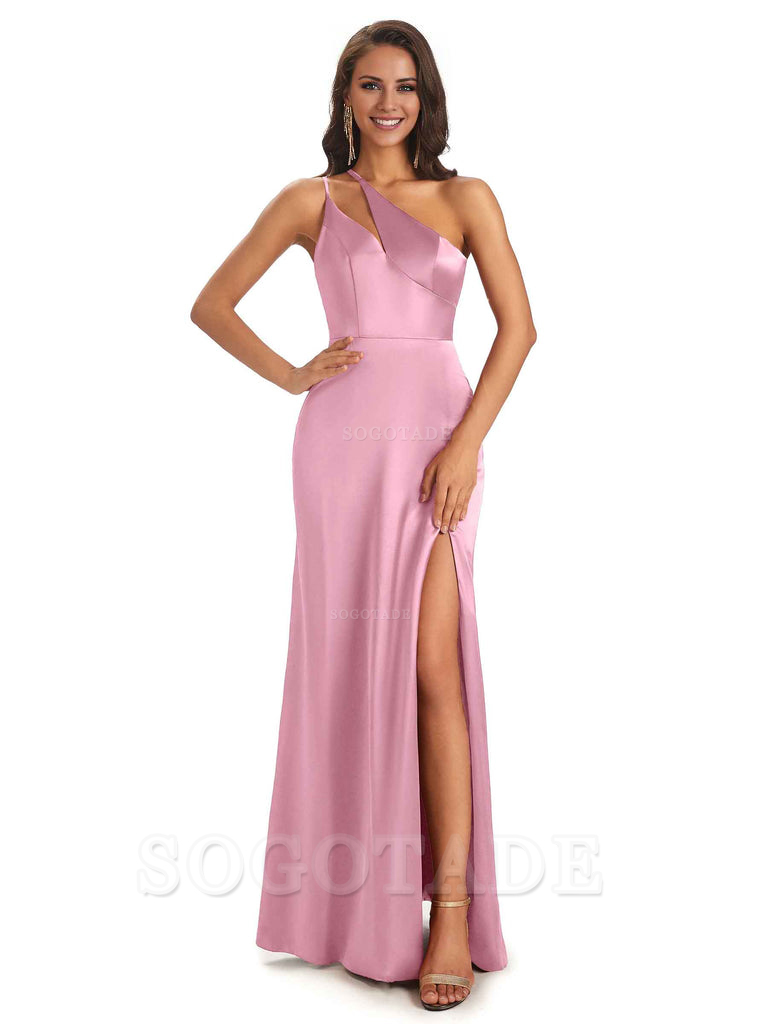 Sexy Soft Satin Side Slit One Shoulder Floor-Length Mermaid Long Bridesmaid Dresses Elegant Evening Party Dress