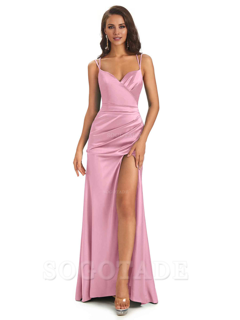 Sexy Soft Satin Side Slit Spaghetti Straps Long Maxi Mermaid Bridesmaid Dresses Elegant Evening Party Dress