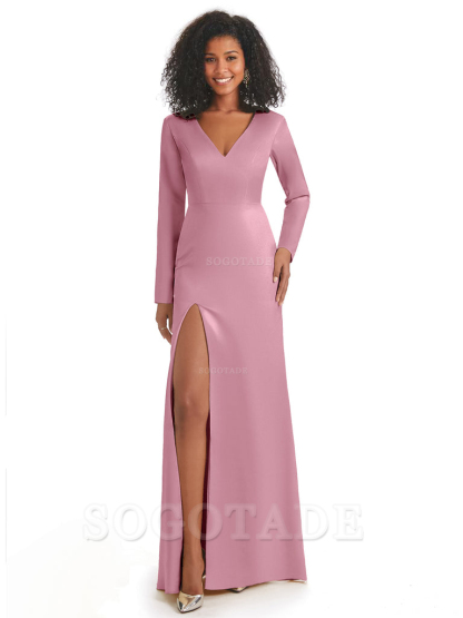 Soft Satin Side Slit Long Sleeves V-Neck Long African Mermaid Bridesmaid Dresses Elegant Evening Party Dress