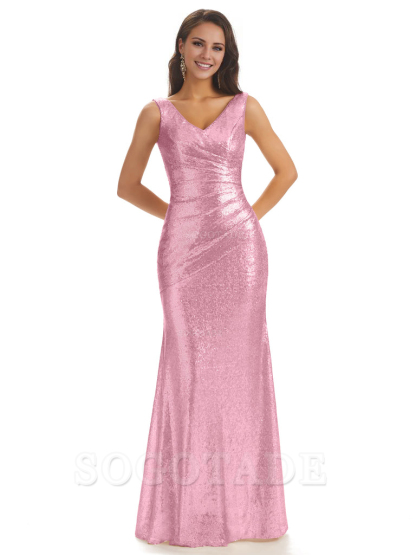 Sexy Sequin V-Neck Sparkly Long Mermaid Bridesmaid Dresses Charming Evening Party Dress