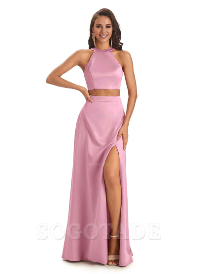 Soft Satin Two-Pieces Halter Side Slit Sexy Fashion Bridesmaid Dresses Charming Evening Party Dress