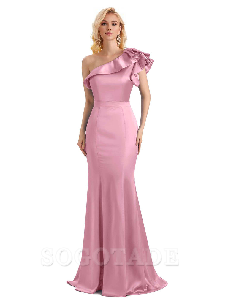 One Shoulder Long Mermaid Bridesmaid Dresses Soft Satin Charming Evening Party Dress