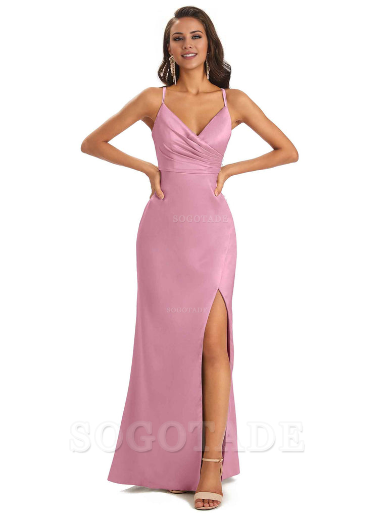 Soft Satin Side Slit Spaghetti Straps Long Unique Mermaid Bridesmaid Dresses Elegant Evening Party Dress