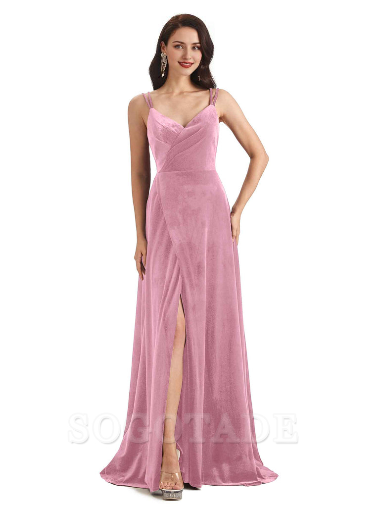 Sexy Velvet Long Bridesmaid Dresses Spaghetti Straps Open Back with Side Slit
