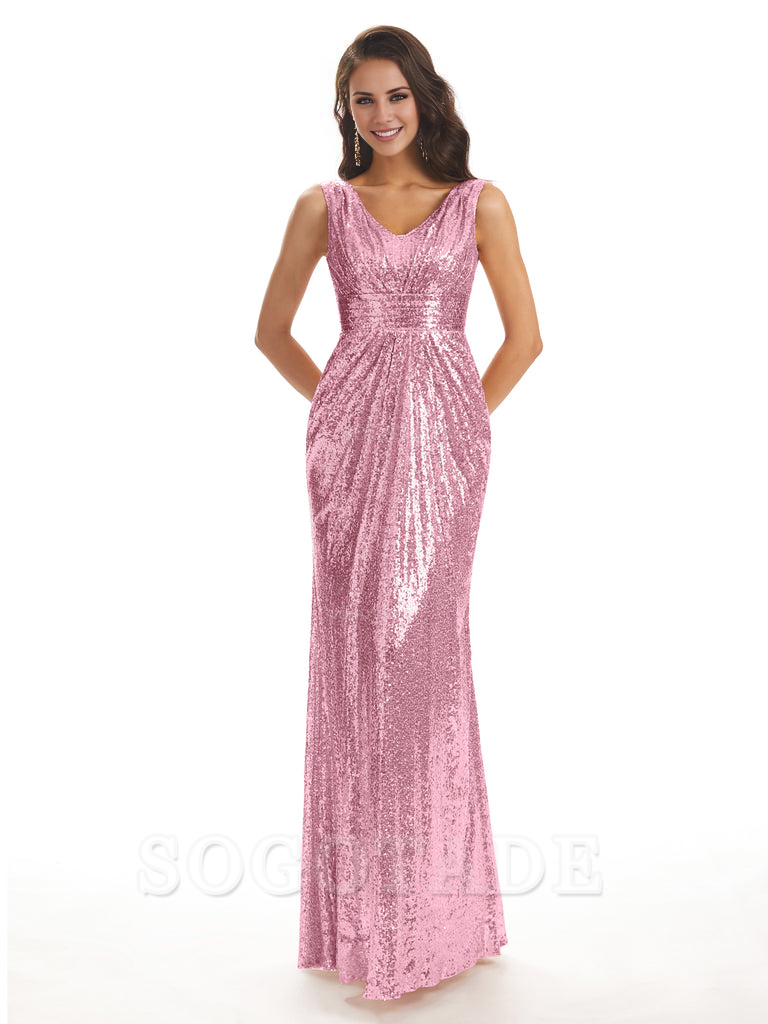 Sparkly V-Neck Sequin Long Mermaid Bridesmaid Dresses Sleeveless Charming Evening Party Dress