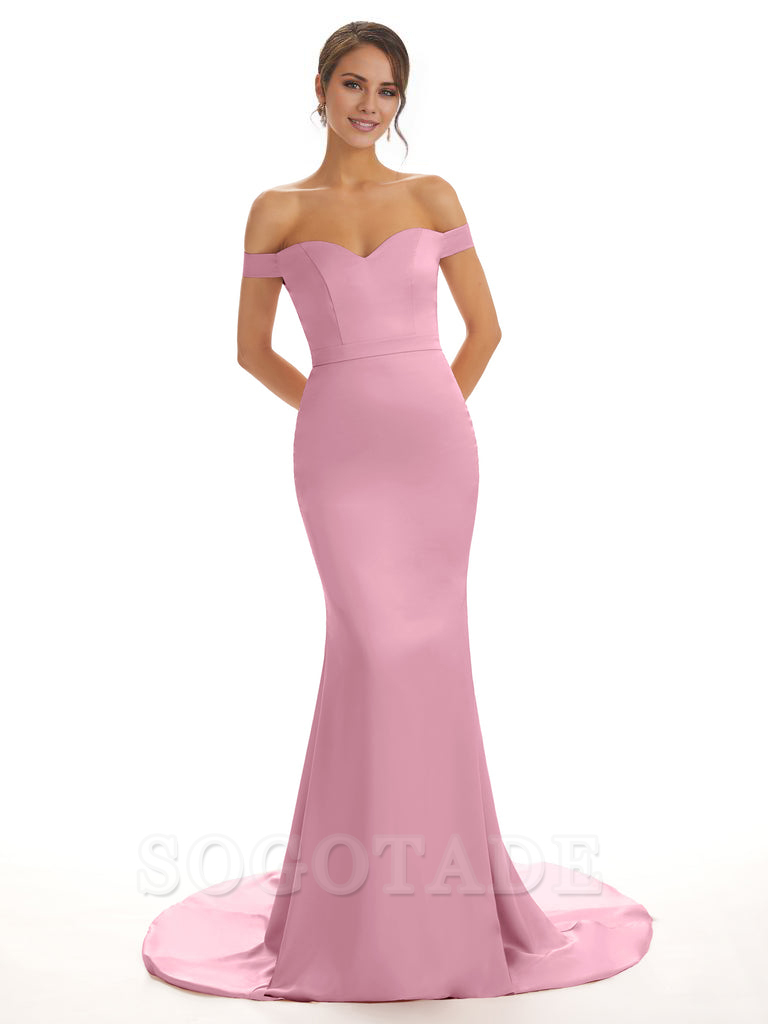 Elegant Off The Shoulder Satin Long Mermaid Bridesmaid Dresses