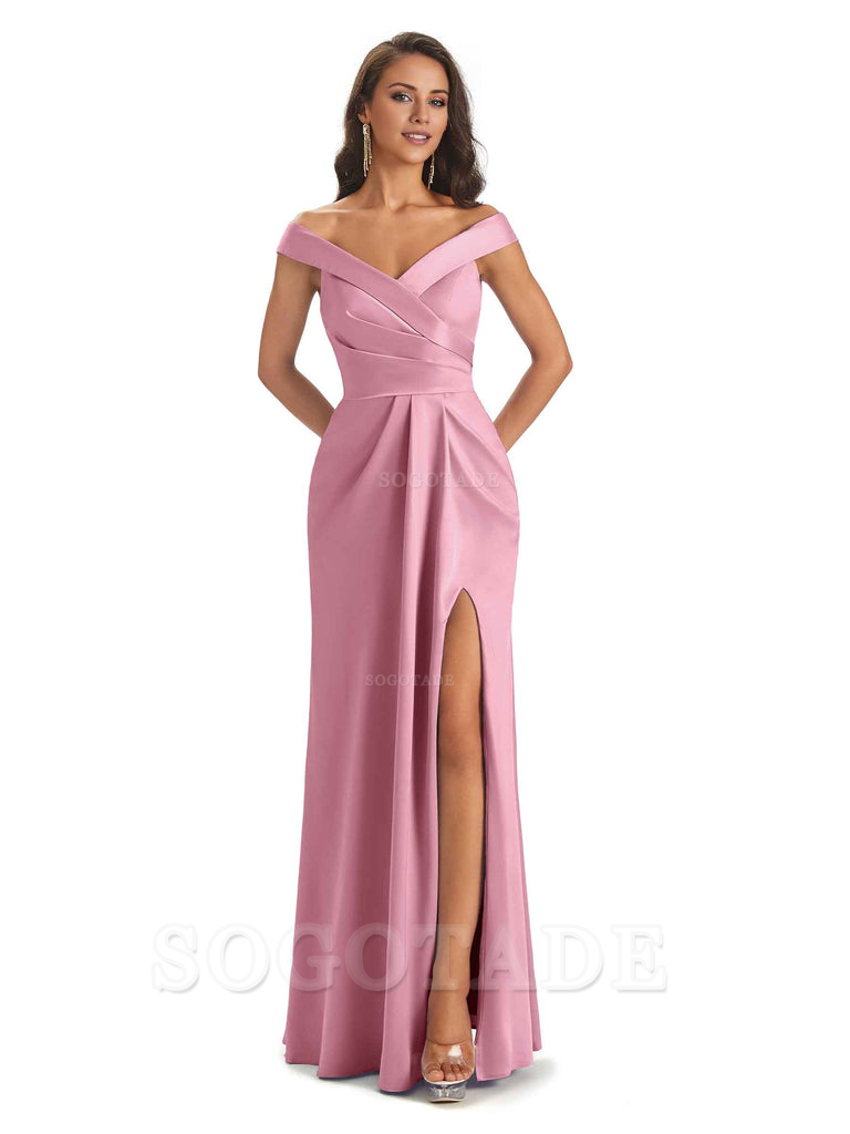 Sexy Soft Side Slit Off Shoulder V-Neck Long Satin Ladies Bridesmaid Dresses Elegant Evening Party Dress