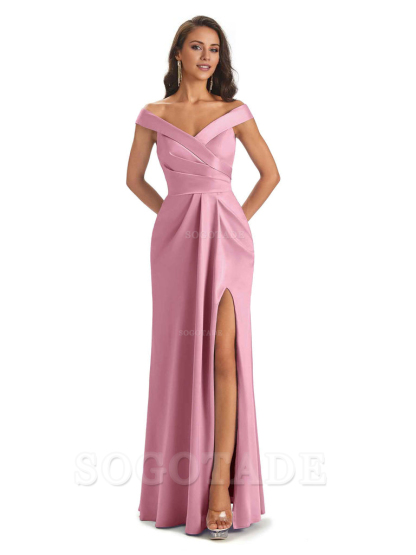 Sexy Soft Side Slit Off Shoulder V-Neck Long Satin Ladies Bridesmaid Dresses Elegant Evening Party Dress