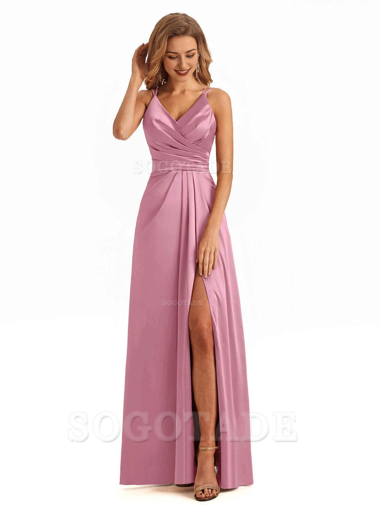 Soft Satin A-Line Spaghetti Straps V Neck Side Slit Maxi Long Bridesmaid Dresses