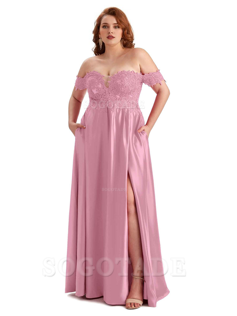 Off Shoulder Side Slit Lace Soft Satin Long Plus Size Bridesmaid Dresses For Wedding