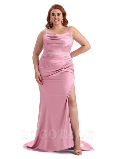 Sexy Jewel Side Slit Mermaid Soft Satin Long Plus Size Bridesmaid Dress For Wedding