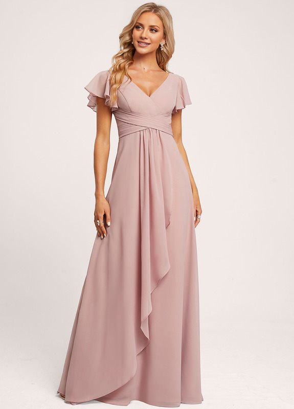 Ruffle A-line V-neck and floor chiffon bridesmaid dress
