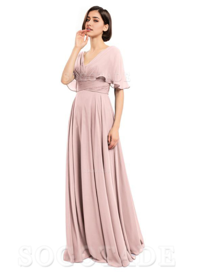  V-Neck Cap Sleeves Sleeves Chiffon Long Elegant Bridesmaid Dresses Formal Wear Dresses