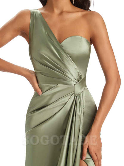 Elegant Soft Satin Side Slit One Shoulder Unique Mermaid Bridesmaid Dresses Online prom dresses shops