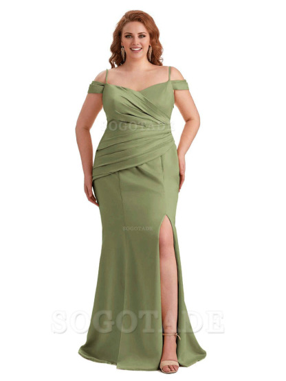 Elegant Cold Shoulder Side Slit Mermaid Soft Satin Long Plus Size Bridesmaid Gowns