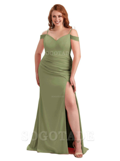 Sexy Side Slit Mermaid Cold Shoulder Soft Satin Long Plus Size Bridesmaid Dresses Online
