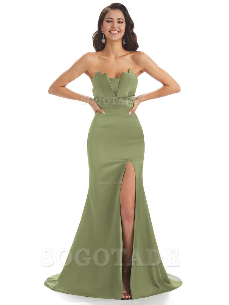 Mermaid sleeveless Satin formal dresses evening gown Bridesmaid Dresses With Side Slit 