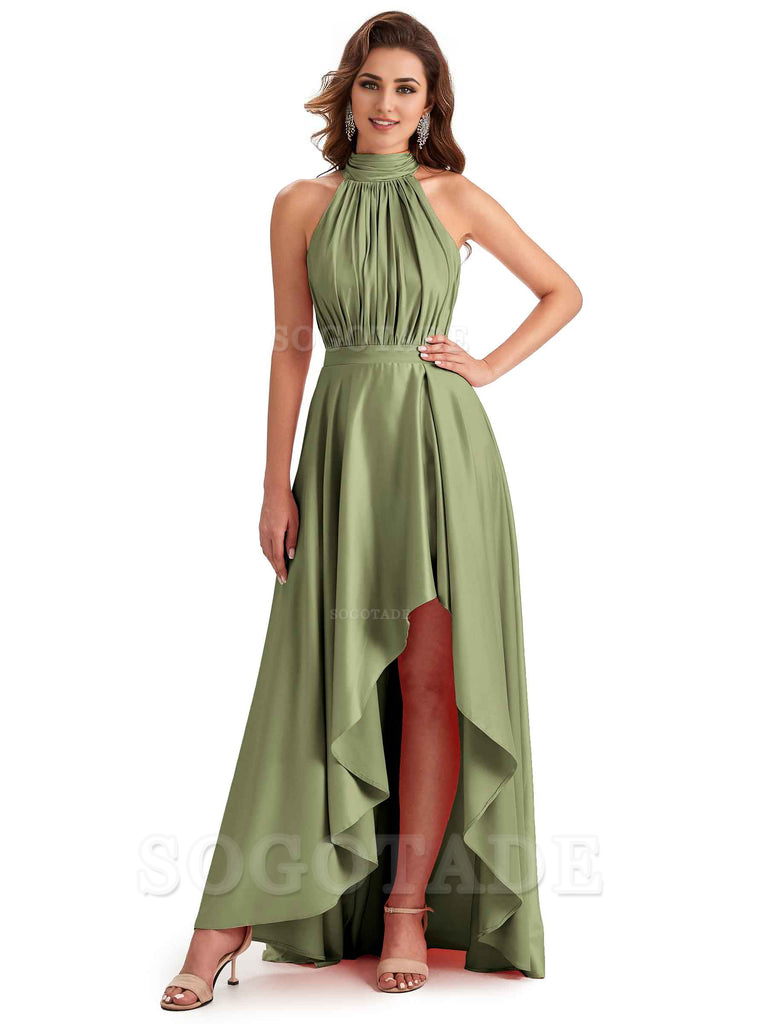 Soft Satin High Neck High Low A-Line Unique Bridesmaid Dresses Online
