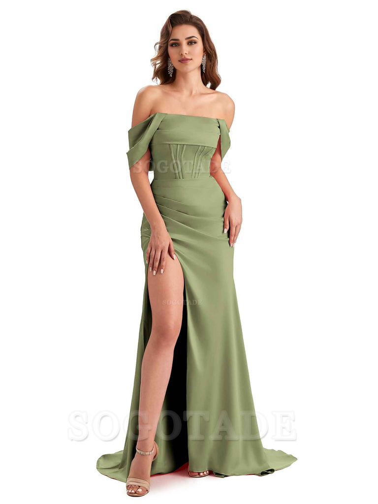Sexy Side Slit Mermaid Soft Satin Off The Shoulder Unique Long Wedding Attendee Dresses