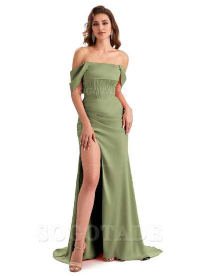 Sexy Side Slit Mermaid Soft Satin Off The Shoulder Unique Long Wedding Attendee Dresses