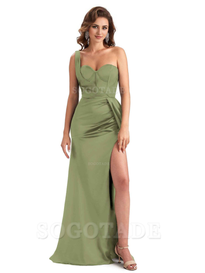 Sexy Mermaid Silky Satin Side Slit One Shoulder Unique Long Wedding Guest Dresses