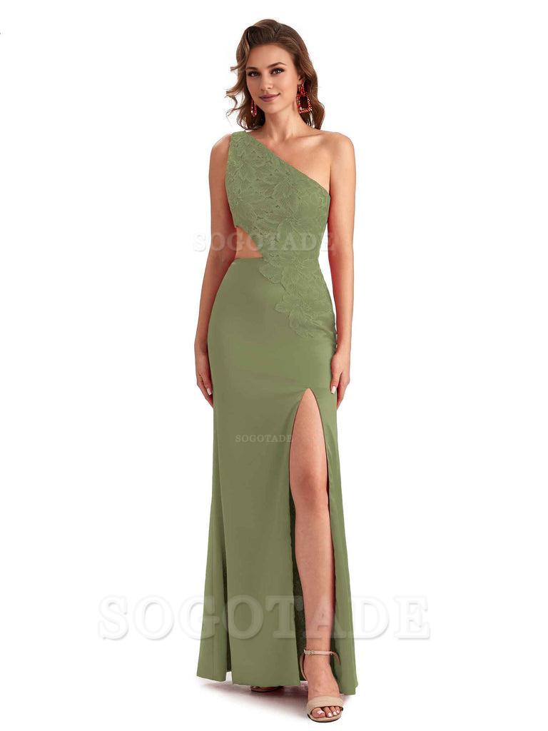 Sexy Side Slit Mermaid Lace Silky Satin One Shoulder Chic Long Bridesmaid Dresses