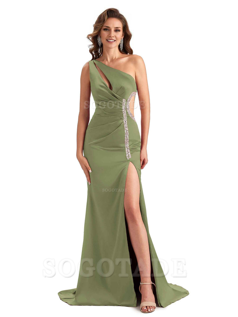 Sexy Side Slit Mermaid Soft Satin One Shoulder Lace Long Bridesmaid Dresses