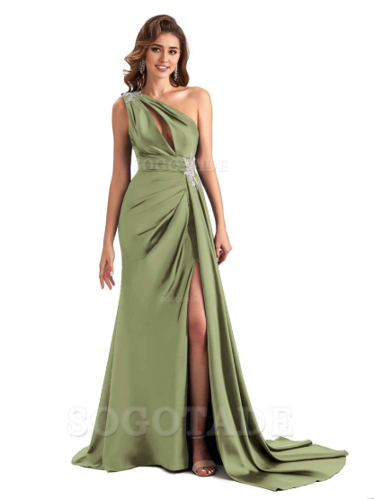Sexy Side Slit Mermaid Soft Satin One Shoulder Lace Long Modern Bridesmaid Dresses