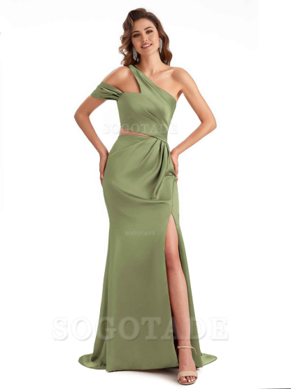 Sexy Side Slit Mermaid Soft Satin One Shoulder Long Unique Bridesmaid Dresses