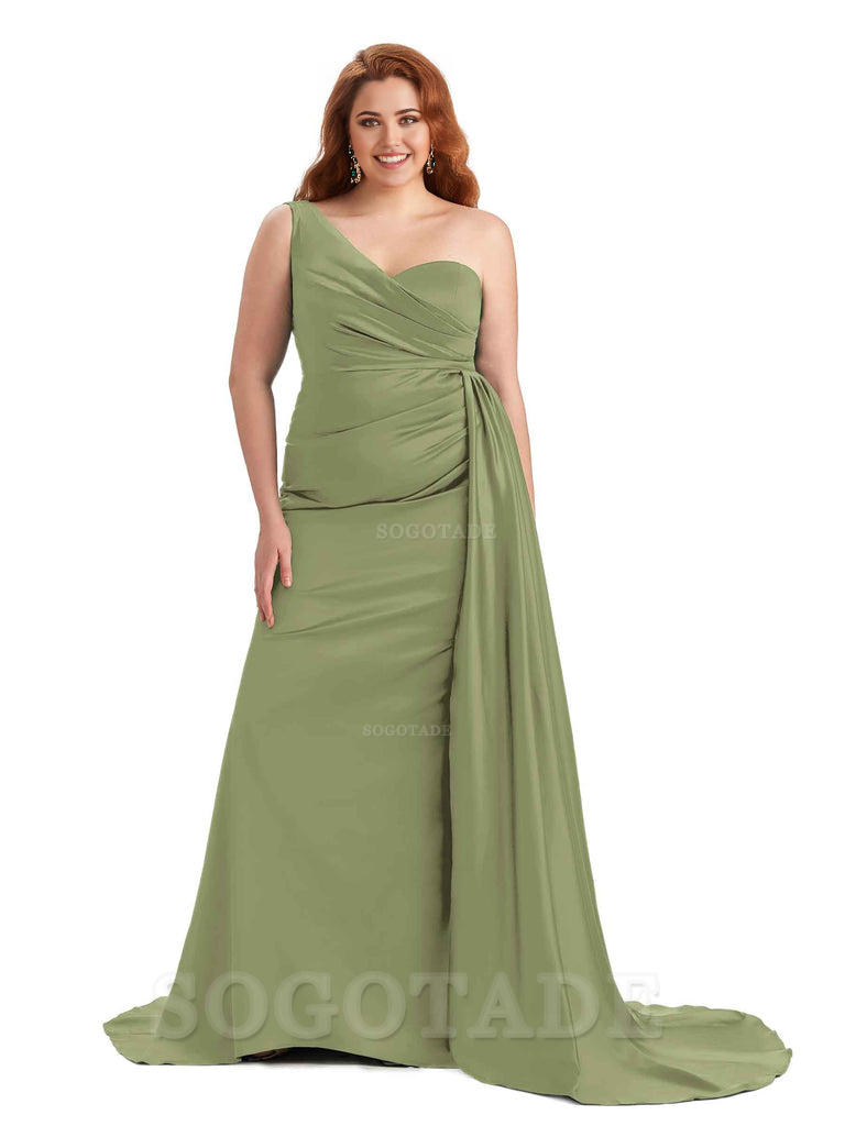 Sexy One Shoulder Sleeveless Mermaid Soft Satin Long Plus Size With Tr